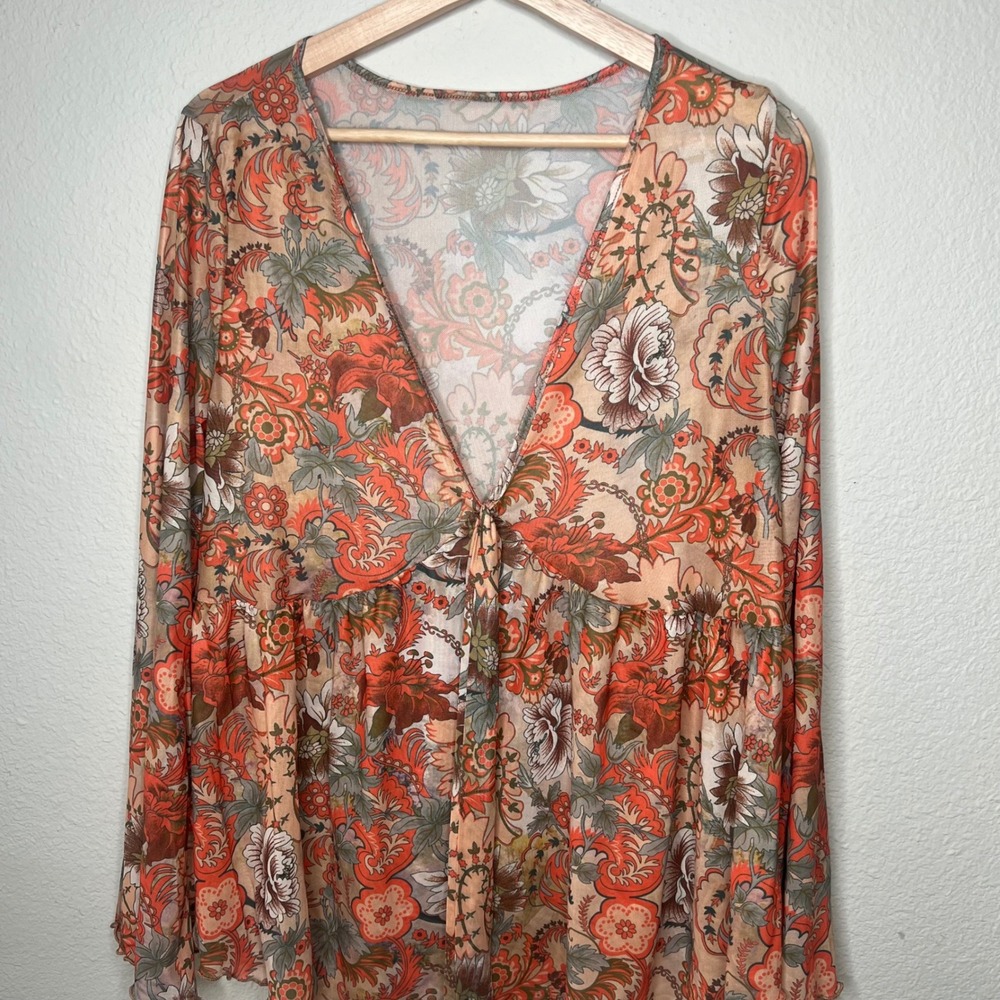 Boho Sheer Beach Lightweight Blouse Womens 2XL V-Neck Flowy 70s Floral Mesh